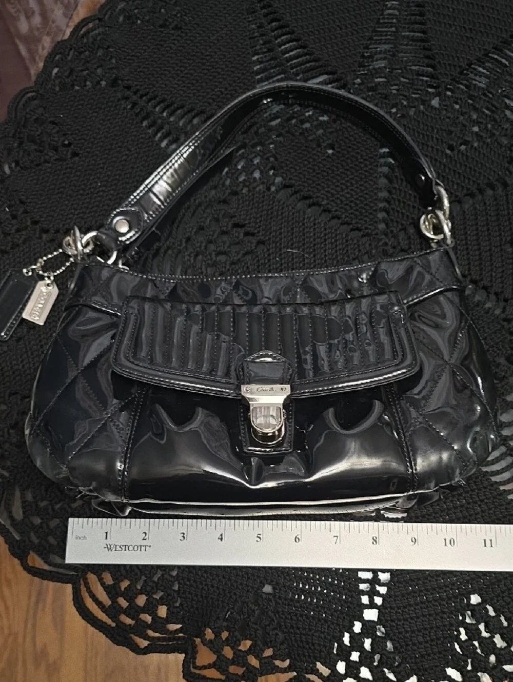 Coach Black Patent Shoulder Bag with Silver-Tone Hardware W/ Hot Pink Interior
